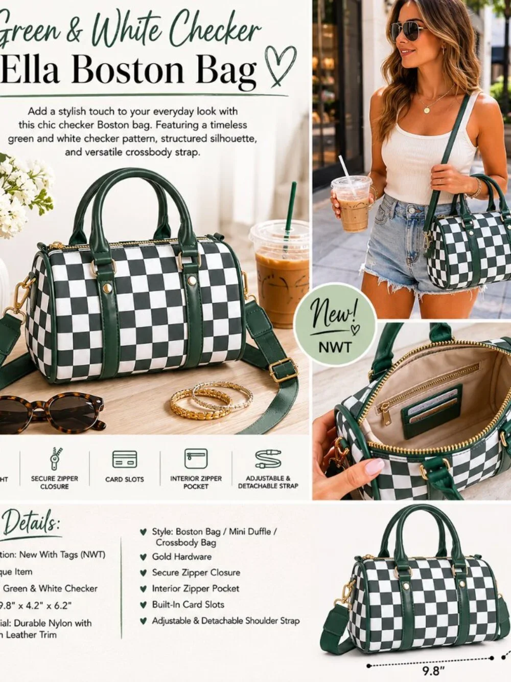 Green White Checker Ella Boston Bag Nylon Mini Duffle Crossbody Travel Purse